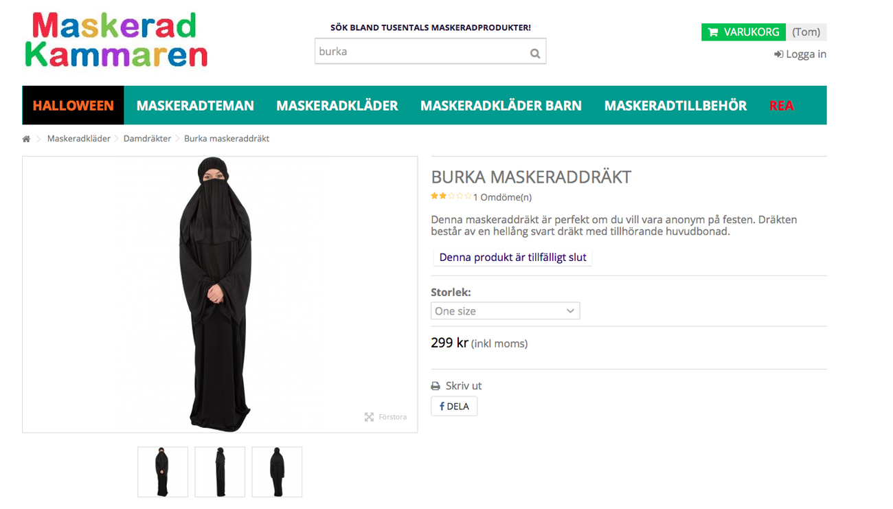 E-handlare säljer burka-maskeraddräkt - skapar debatt