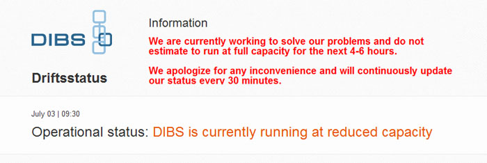 Betalleverantören DIBS har allvarliga driftstörningar