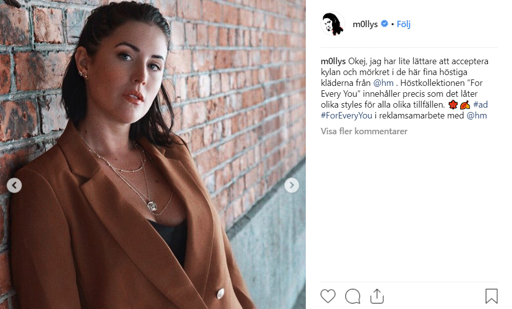 Teknikalitet fäller Molly Sandéns och H&M:s Instagraminlägg