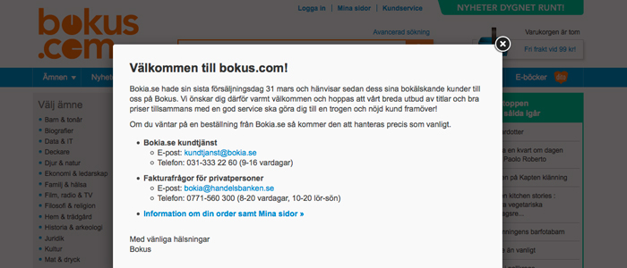 Bokias nätkunder skickas vidare till Bokus.com