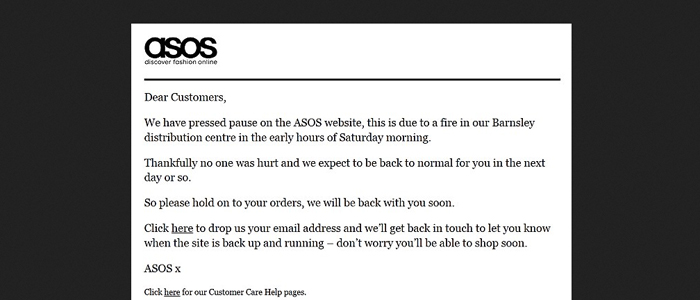 Asos stängde ner sin sajt efter brand vid huvudlagret