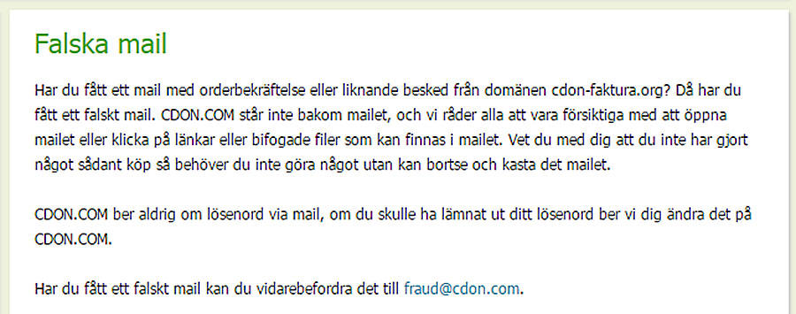 Polisen varnar för falska mail från CDON (uppdaterad)