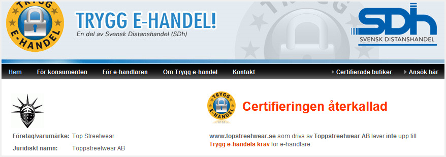 Trygg E-handel återkallar Certifikat