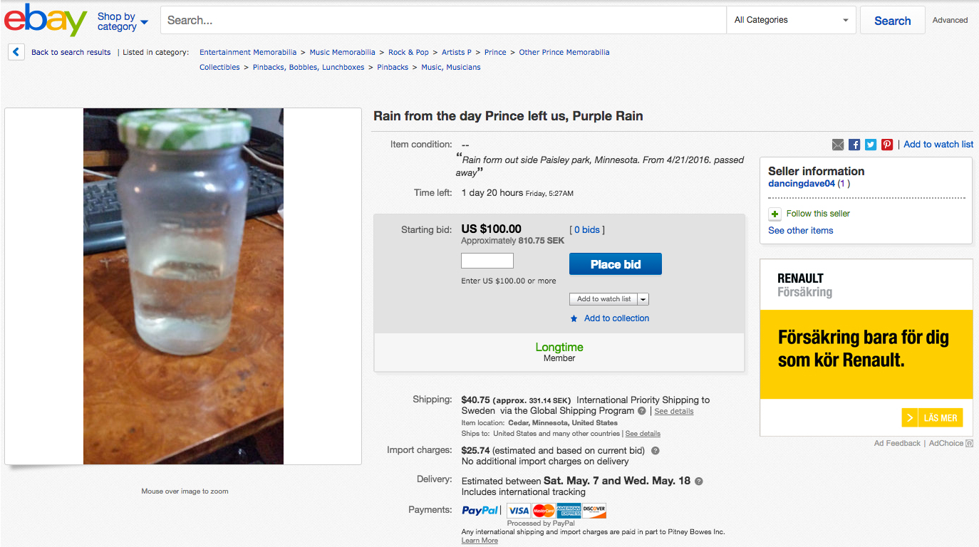 Regnvatten från dagen då Prince dog till salu på Ebay