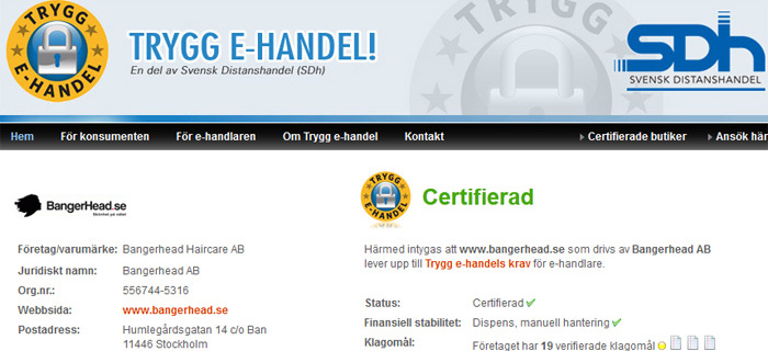 Trygg E-handel och BangerHeads certifikat